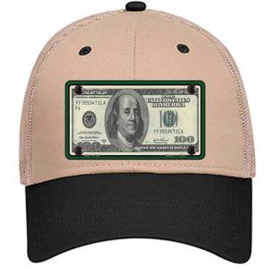 $100 Bill Benjamin Franklin Metal on Trucker Mesh Snapback Hat - Khaki